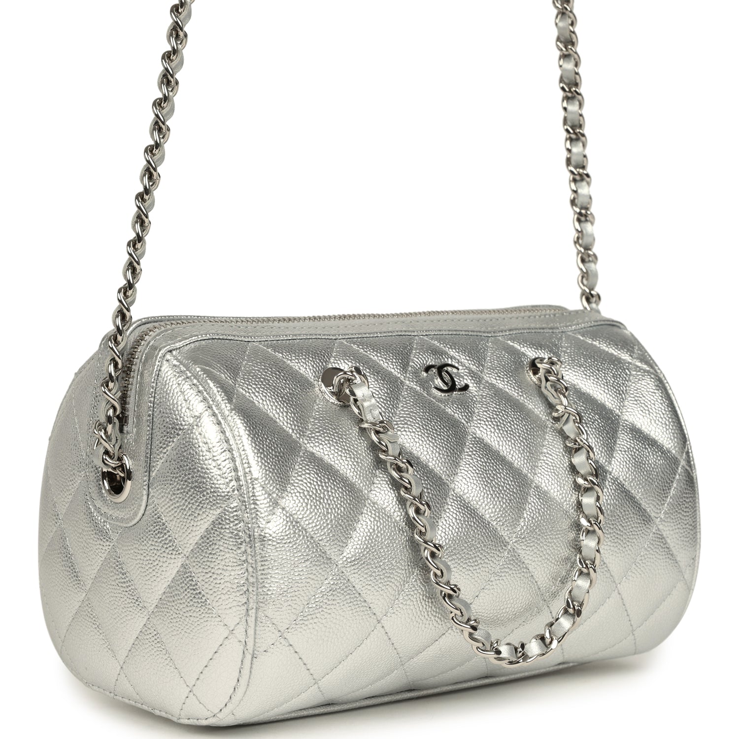 Mini Timeless Classic Barrel Bag with Chain Metallic Silver Shiny Caviar Silver Hardware