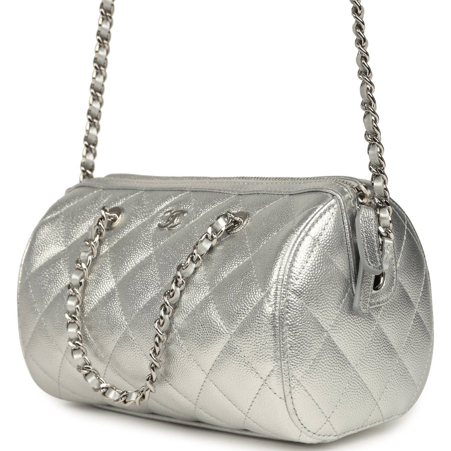 Mini Timeless Classic Barrel Bag with Chain Metallic Silver Shiny Caviar Silver Hardware