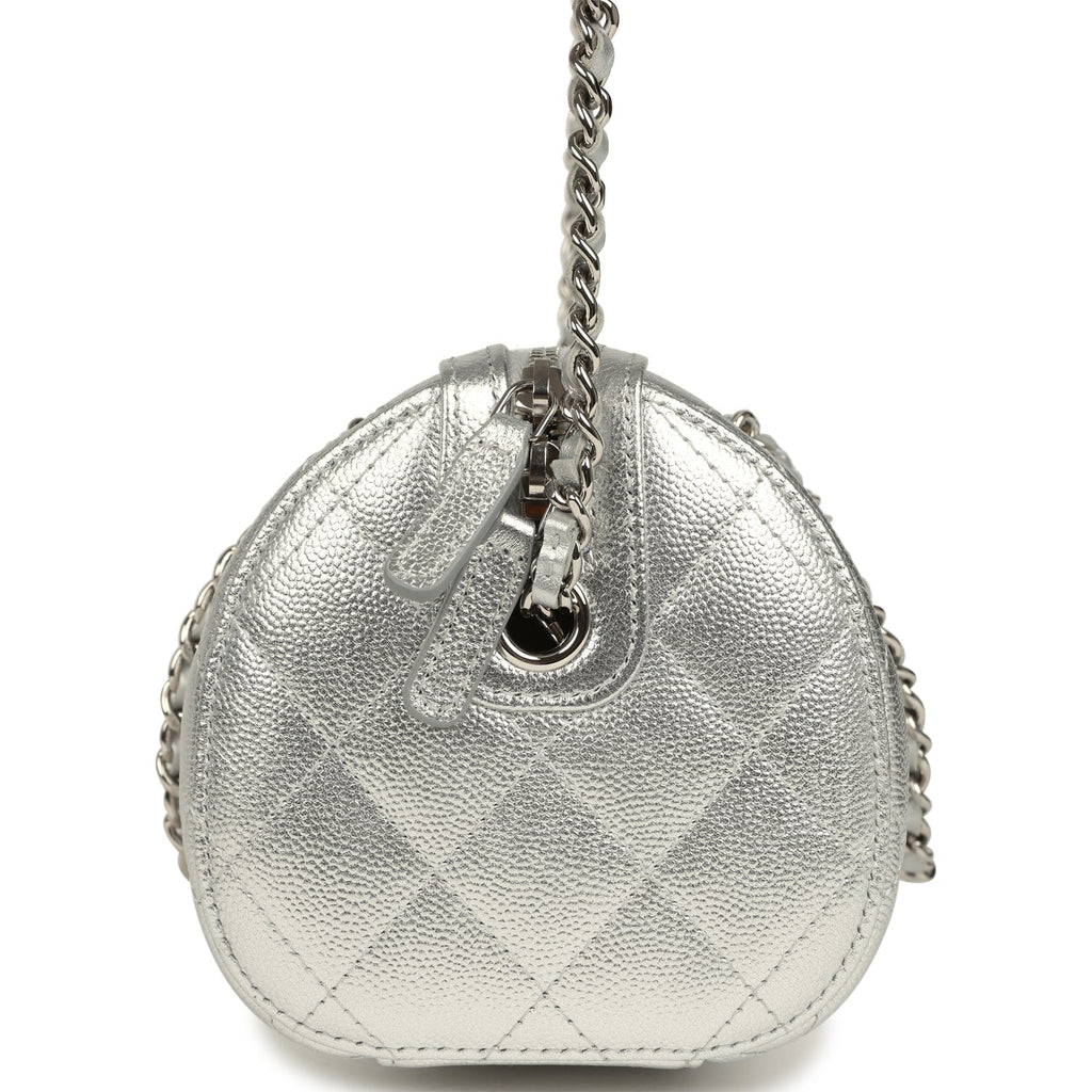 Mini Timeless Classic Barrel Bag with Chain Metallic Silver Shiny Caviar Silver Hardware