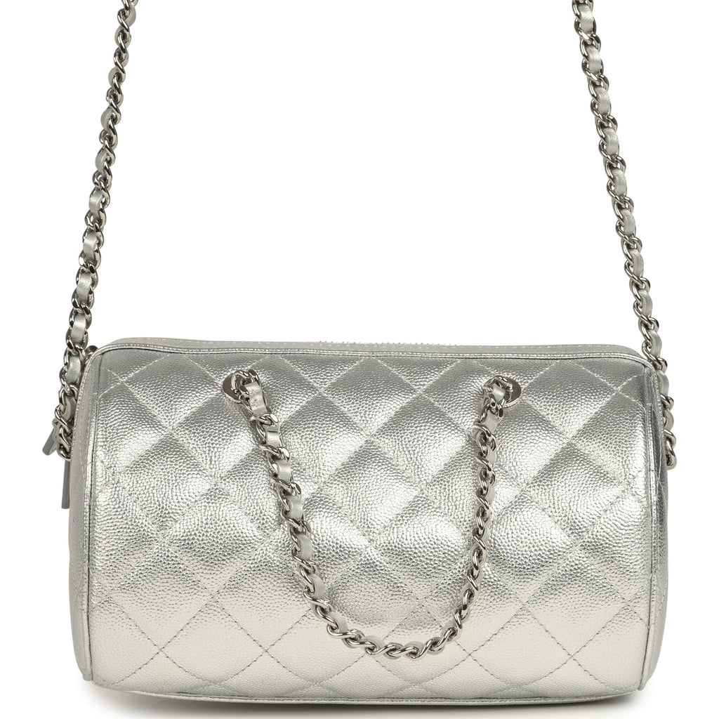 Mini Timeless Classic Barrel Bag with Chain Metallic Silver Shiny Caviar Silver Hardware