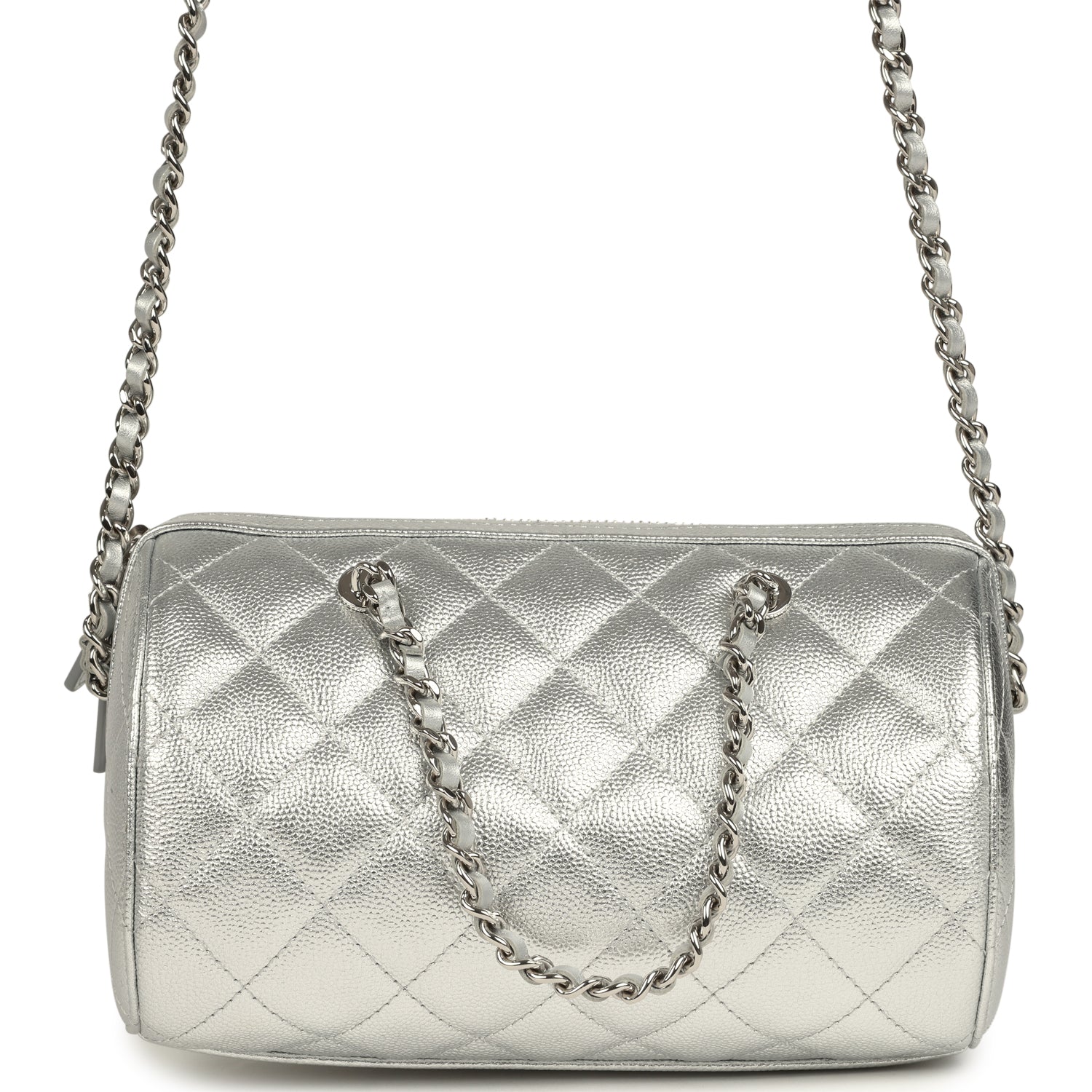 Mini Timeless Classic Barrel Bag with Chain Metallic Silver Shiny Caviar Silver Hardware