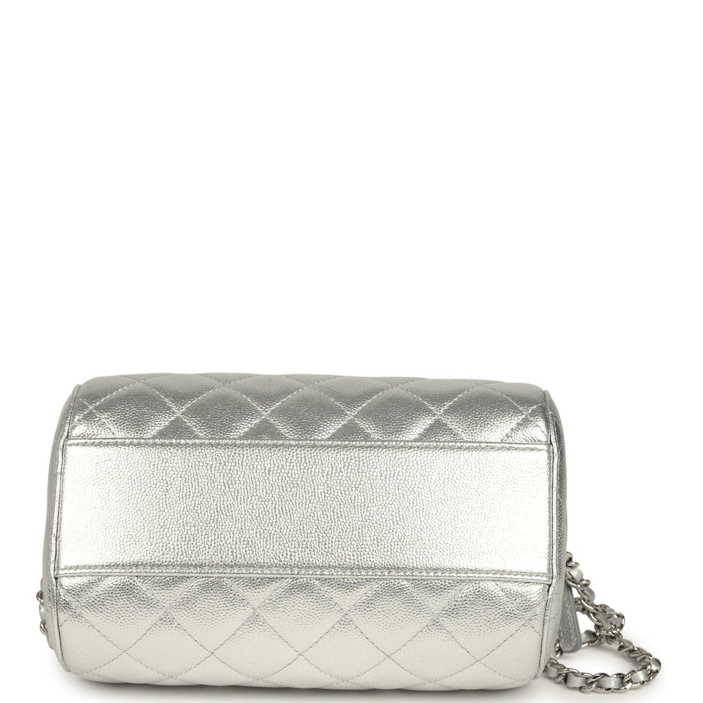 Mini Timeless Classic Barrel Bag with Chain Metallic Silver Shiny Caviar Silver Hardware