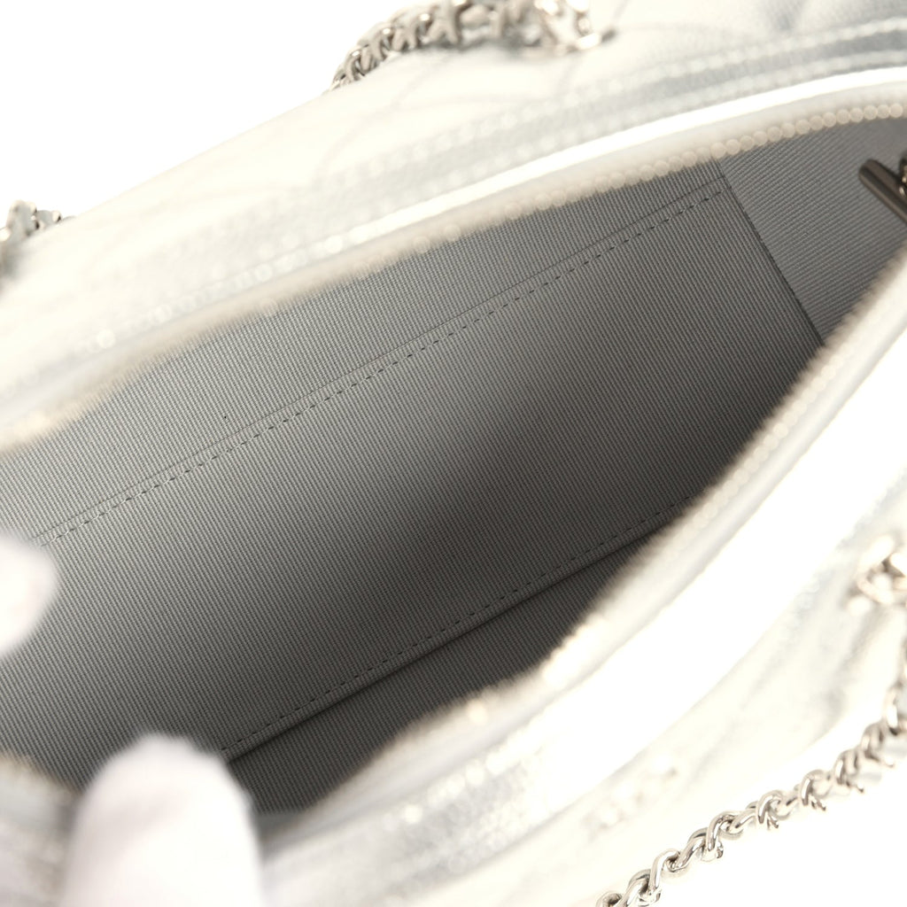 Mini Timeless Classic Barrel Bag with Chain Metallic Silver Shiny Caviar Silver Hardware