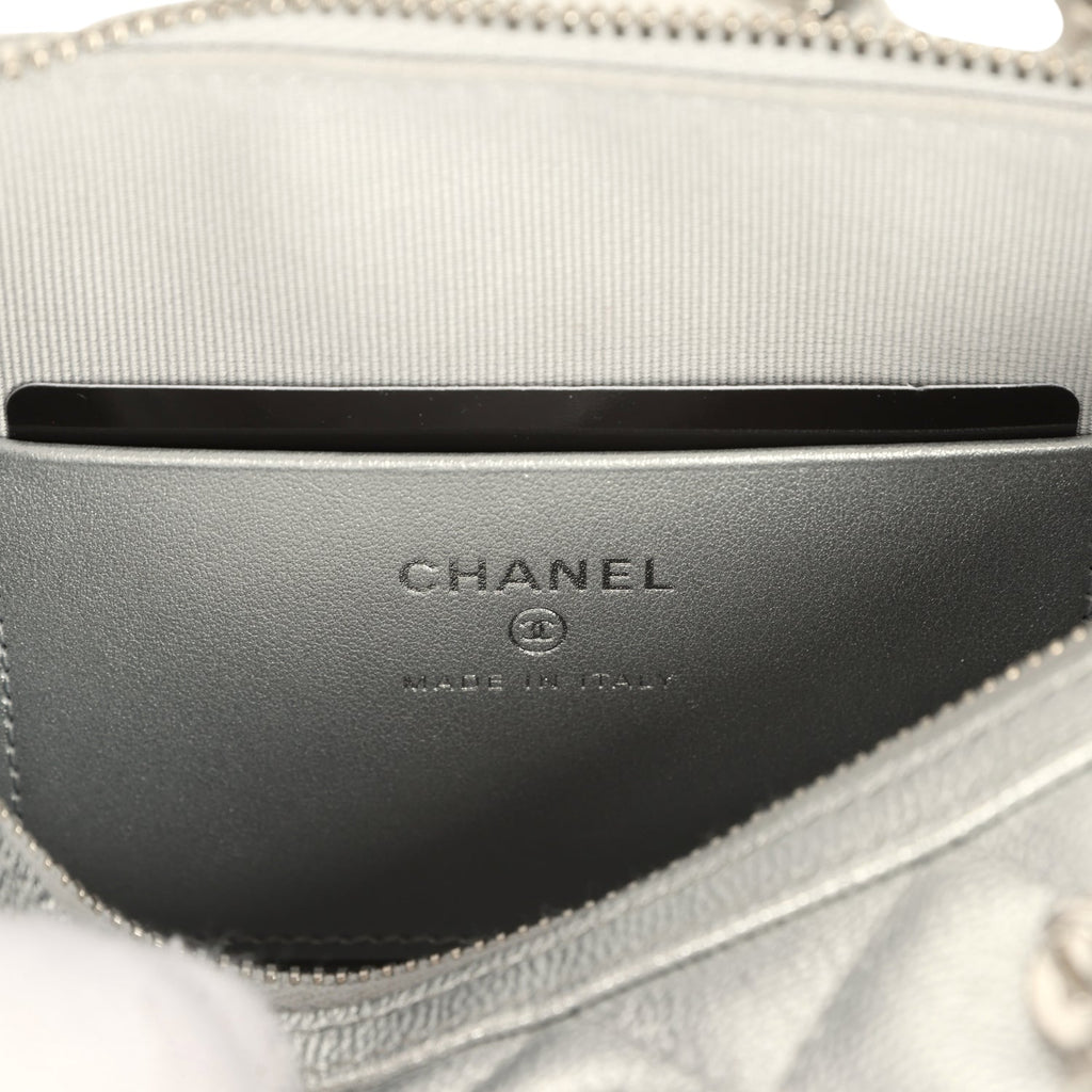 Mini Timeless Classic Barrel Bag with Chain Metallic Silver Shiny Caviar Silver Hardware