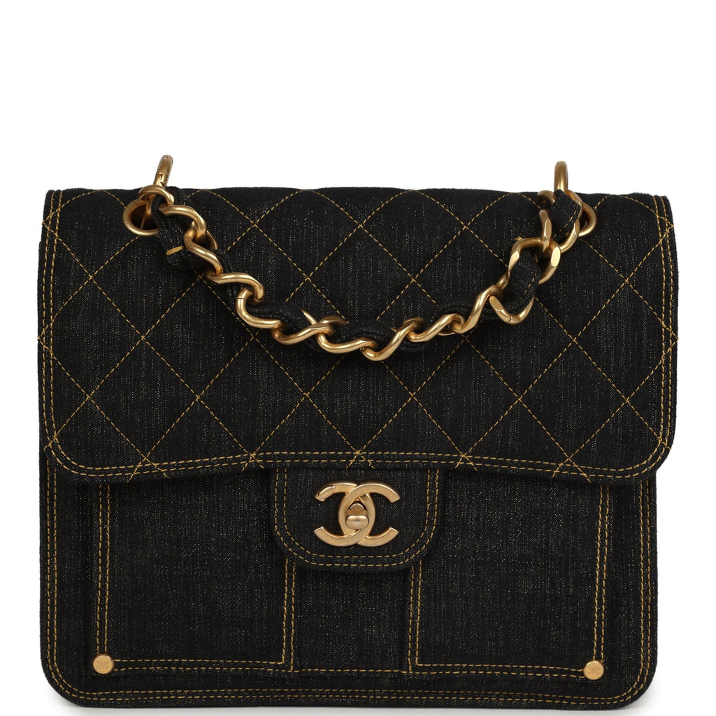 Double You Flap Backpack Black Denim Antique Gold Hardware