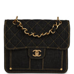 Double You Flap Backpack Black Denim Antique Gold Hardware