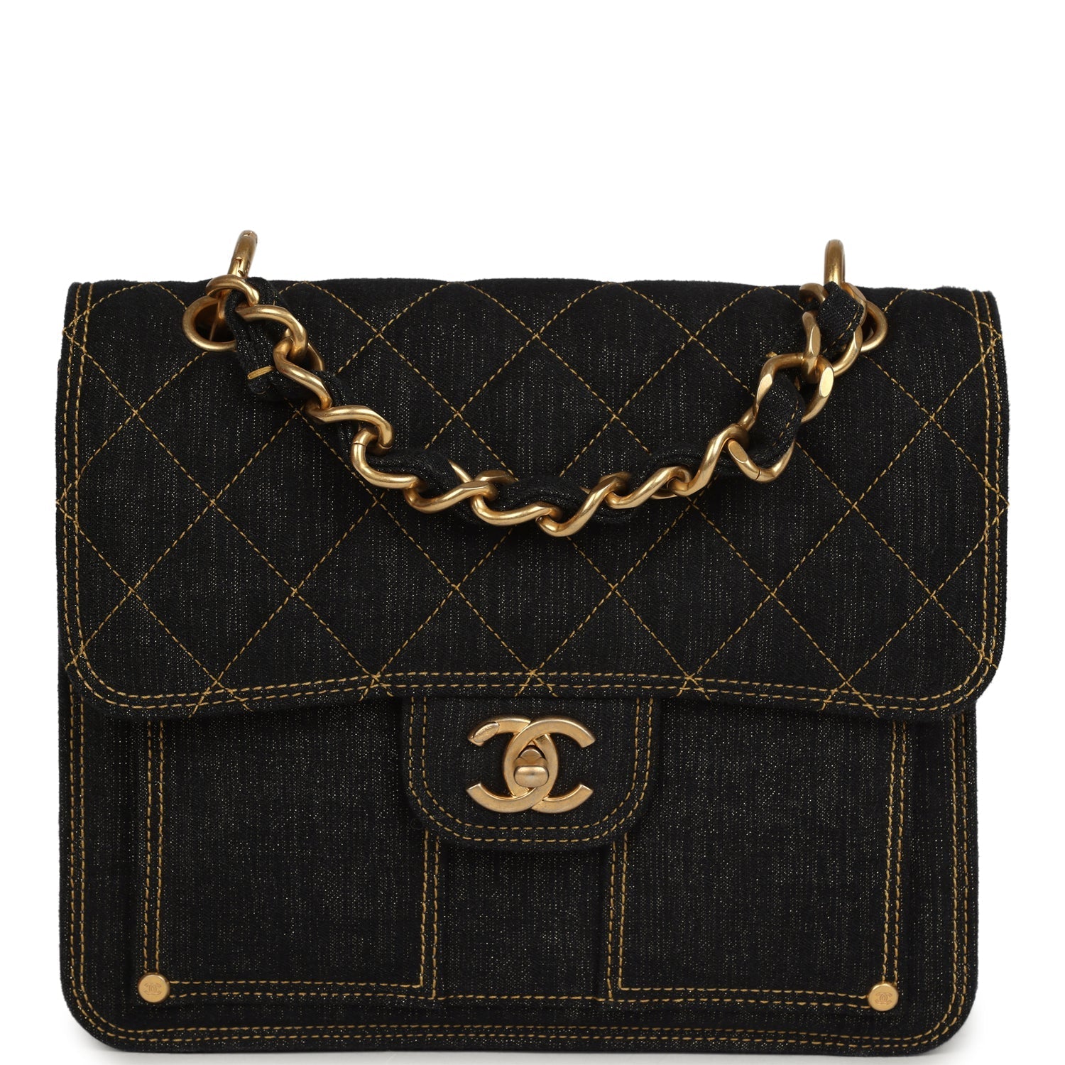 Double You Flap Backpack Black Denim Antique Gold Hardware