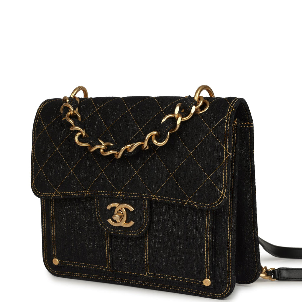 Double You Flap Backpack Black Denim Antique Gold Hardware