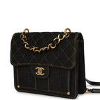 Double You Flap Backpack Black Denim Antique Gold Hardware