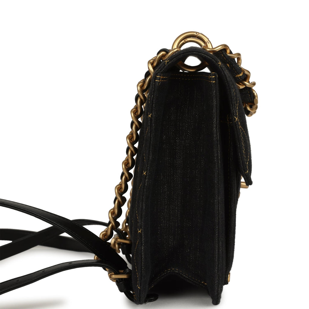 Double You Flap Backpack Black Denim Antique Gold Hardware