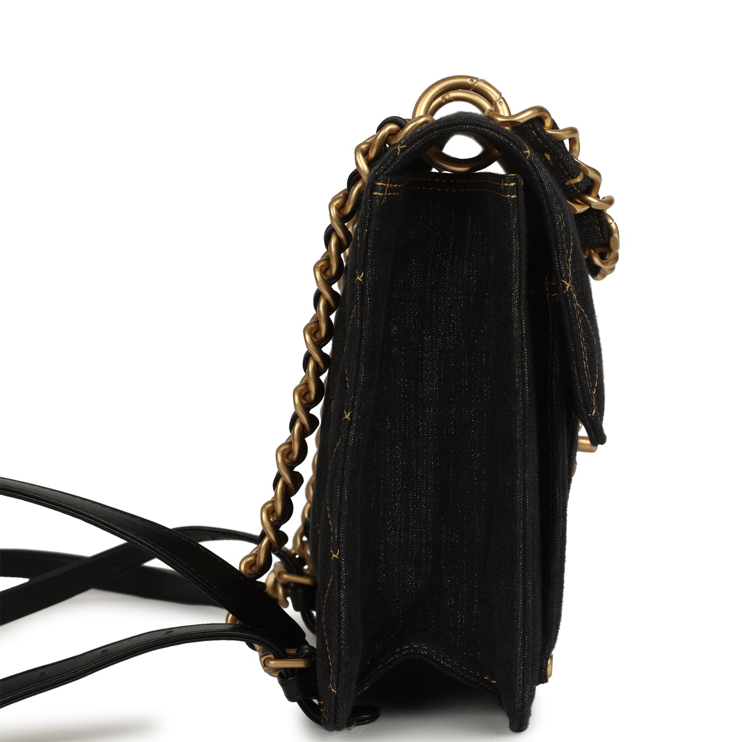 Double You Flap Backpack Black Denim Antique Gold Hardware
