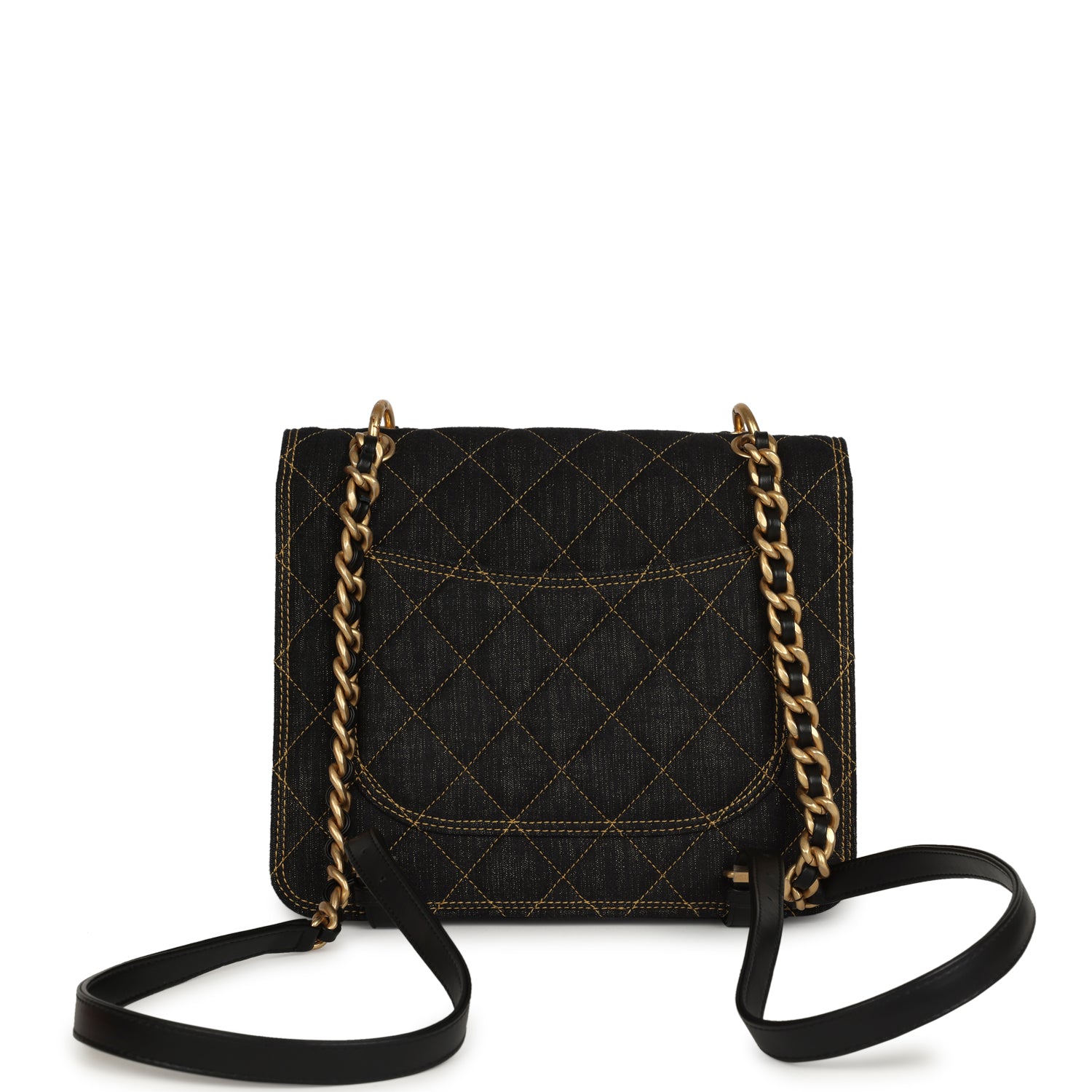 Double You Flap Backpack Black Denim Antique Gold Hardware