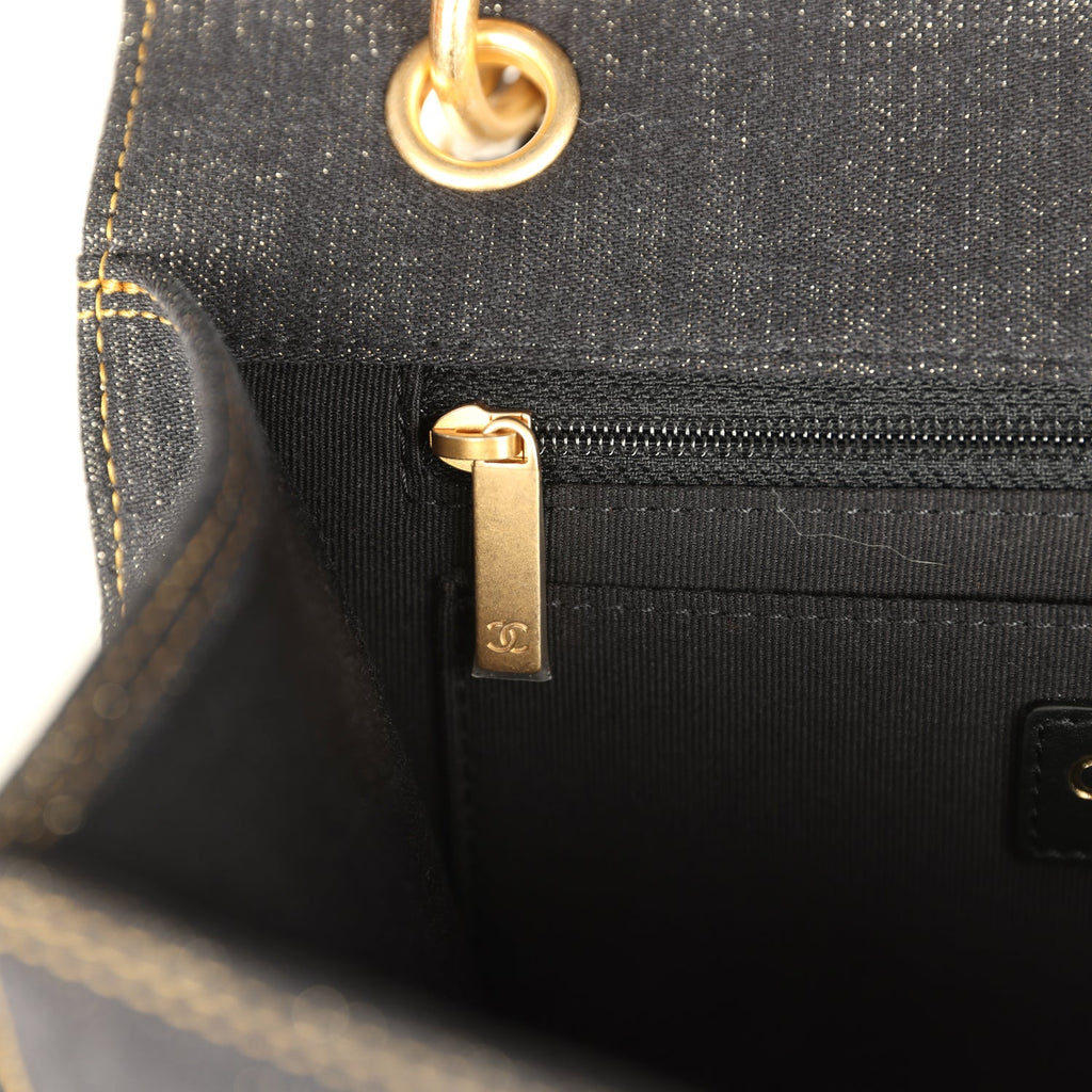 Double You Flap Backpack Black Denim Antique Gold Hardware