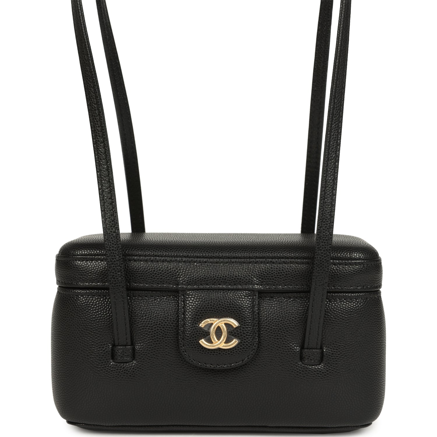 Preppy Coco Long Vanity with Straps Black Shiny Caviar Brushed Gold Hardware