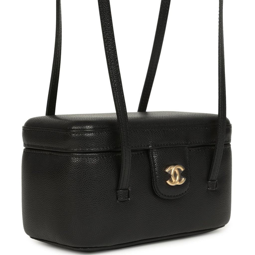Preppy Coco Long Vanity with Straps Black Shiny Caviar Brushed Gold Hardware