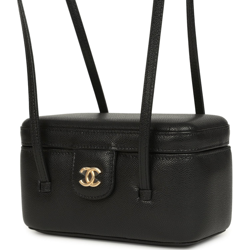 Preppy Coco Long Vanity with Straps Black Shiny Caviar Brushed Gold Hardware