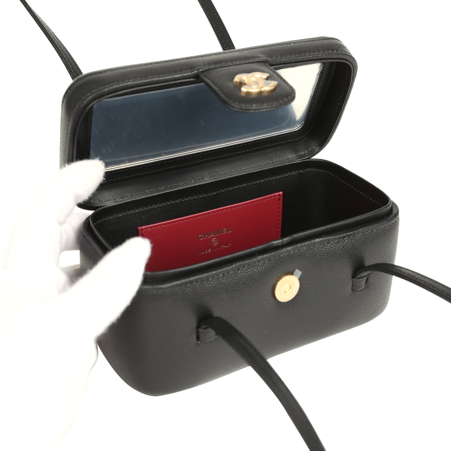 Preppy Coco Long Vanity with Straps Black Shiny Caviar Brushed Gold Hardware