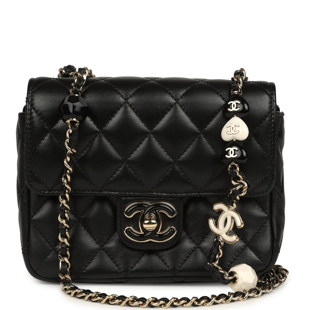 Heart Charms Mini Square Flap Bag Black Lambskin Enamel Light Gold Hardware