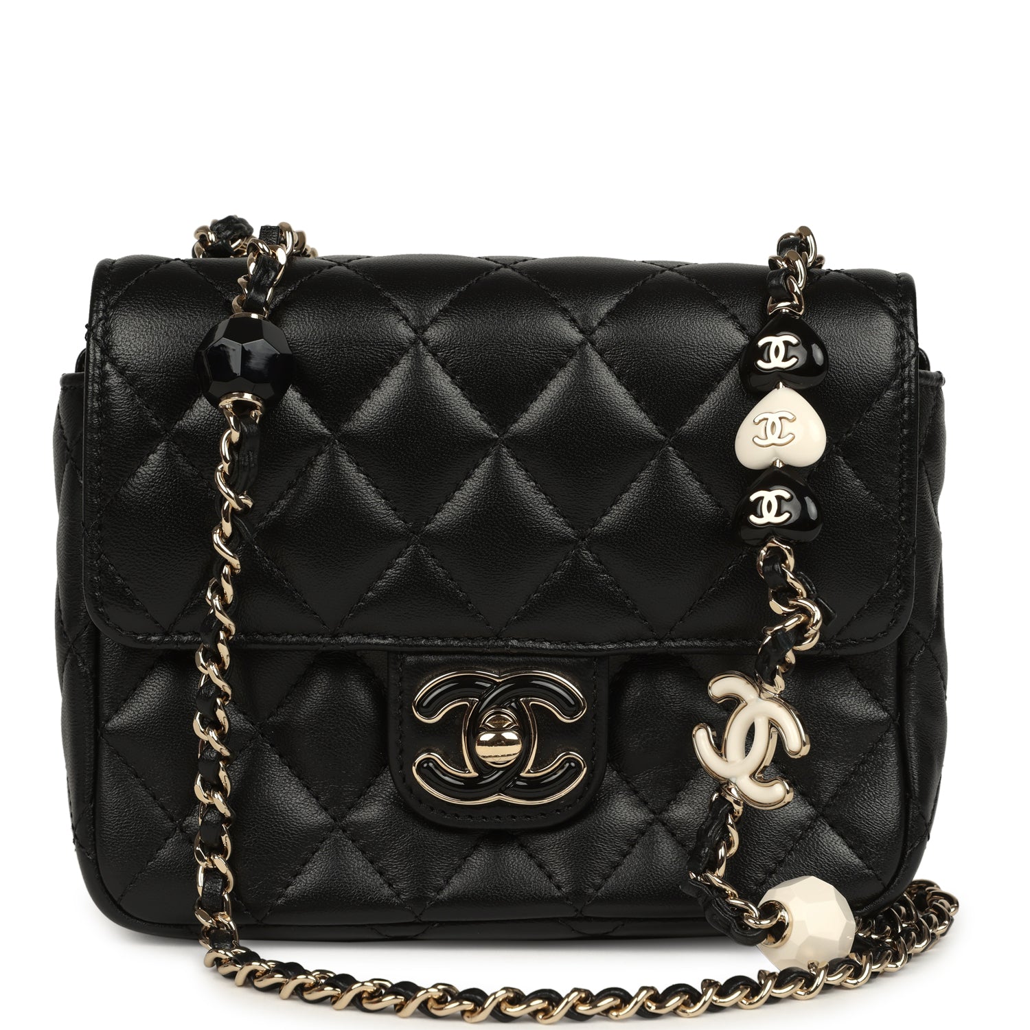 Heart Charms Mini Square Flap Bag Black Lambskin Enamel Light Gold Hardware