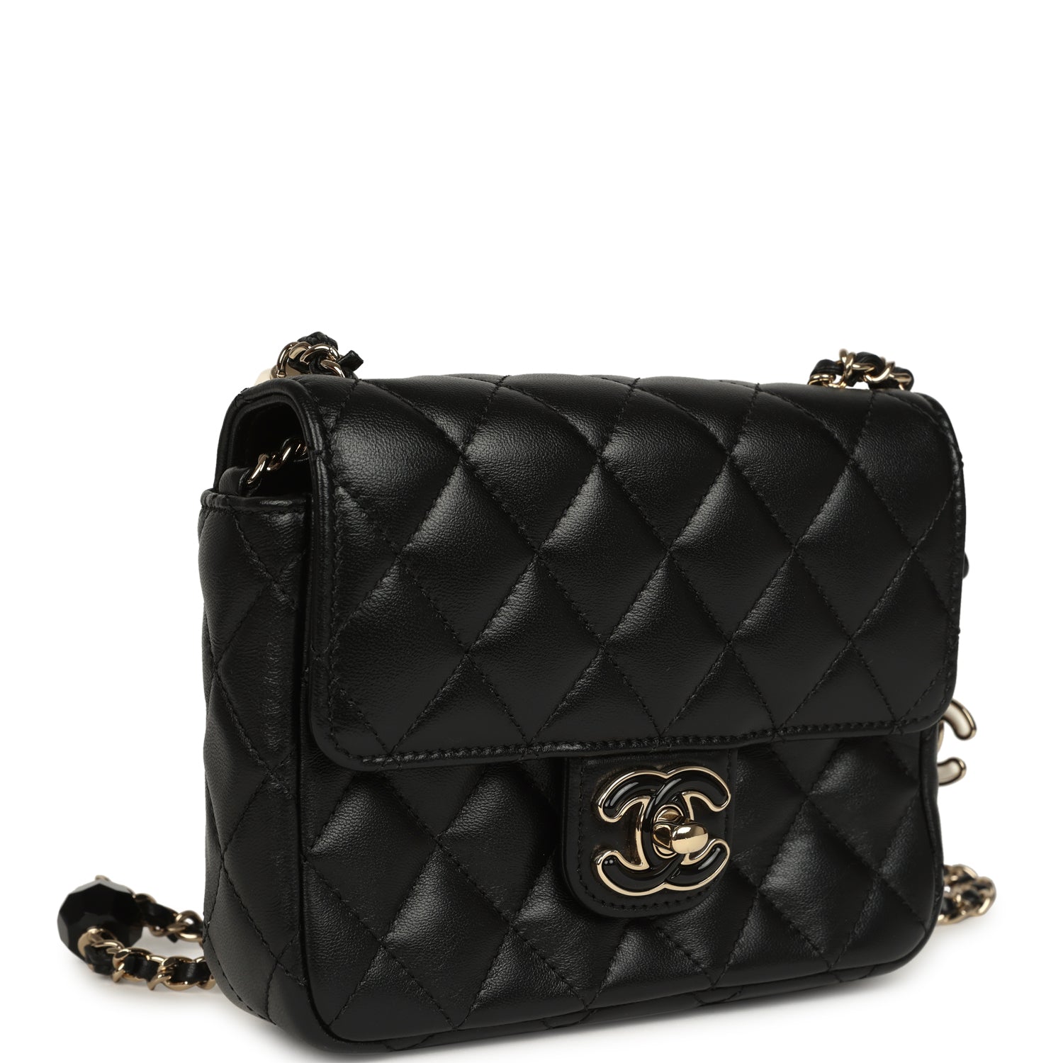Heart Charms Mini Square Flap Bag Black Lambskin Enamel Light Gold Hardware
