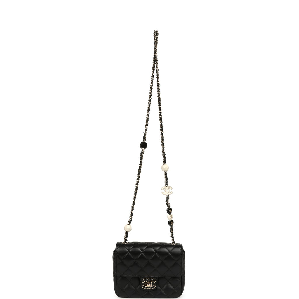 Heart Charms Mini Square Flap Bag Black Lambskin Enamel Light Gold Hardware
