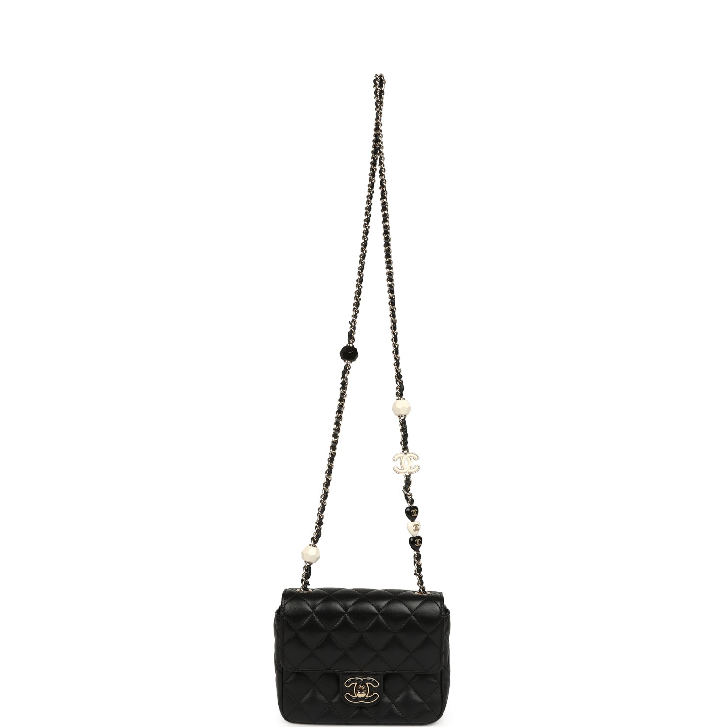 Heart Charms Mini Square Flap Bag Black Lambskin Enamel Light Gold Hardware