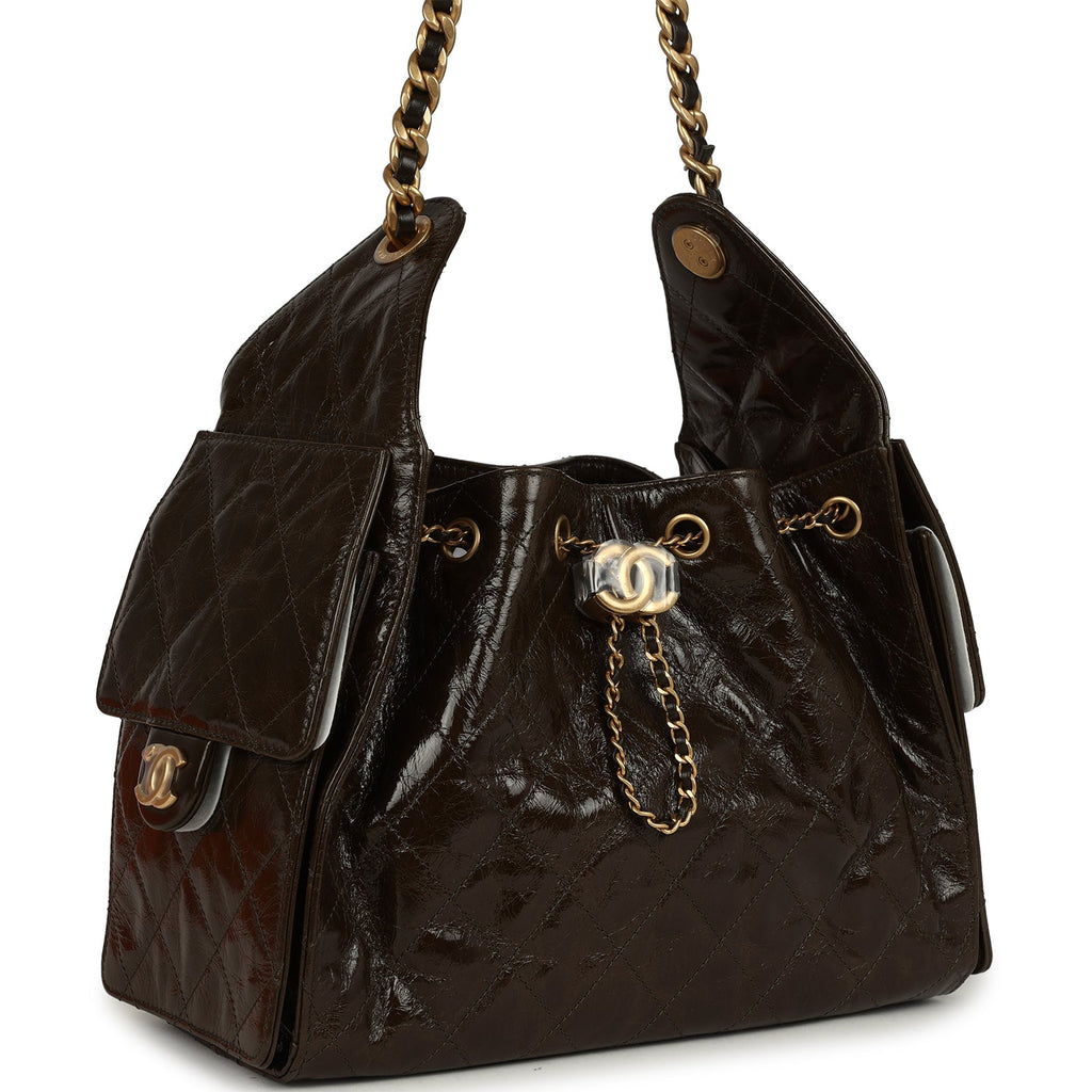 Small 25 Hobo Bag Khaki Shiny Aged Crumpled Calfskin Antique Gold Hardware