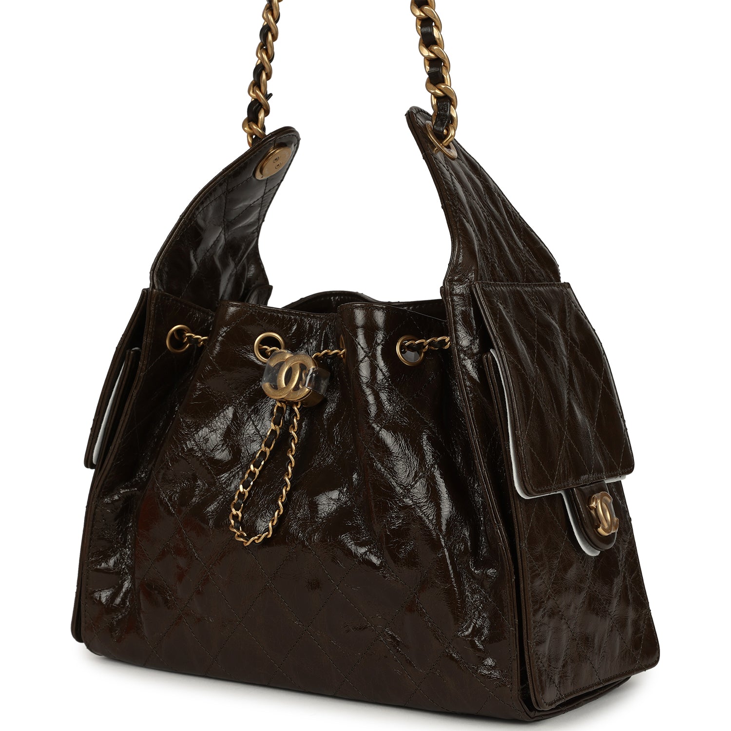 Small 25 Hobo Bag Khaki Shiny Aged Crumpled Calfskin Antique Gold Hardware