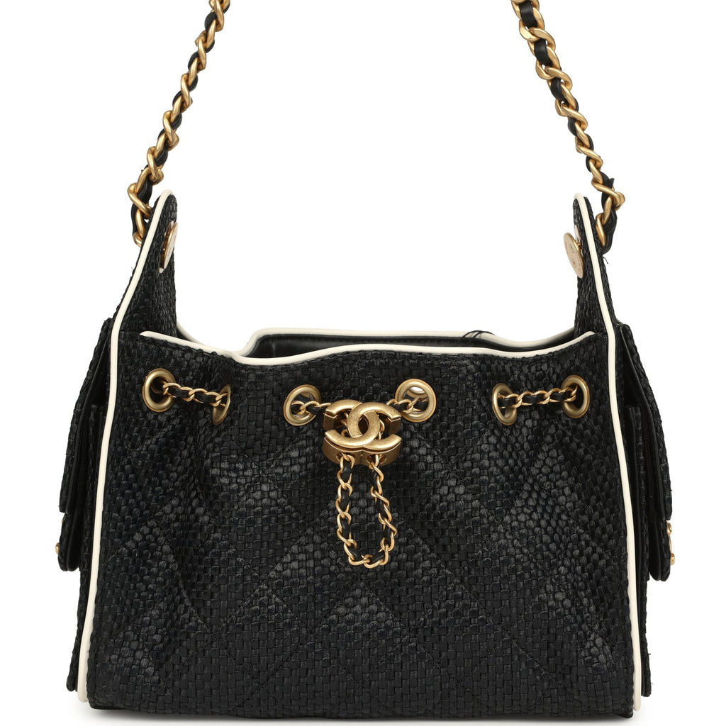Mini 25 Hobo Bag Black Raffia and White Calfskin Antique Gold Hardware