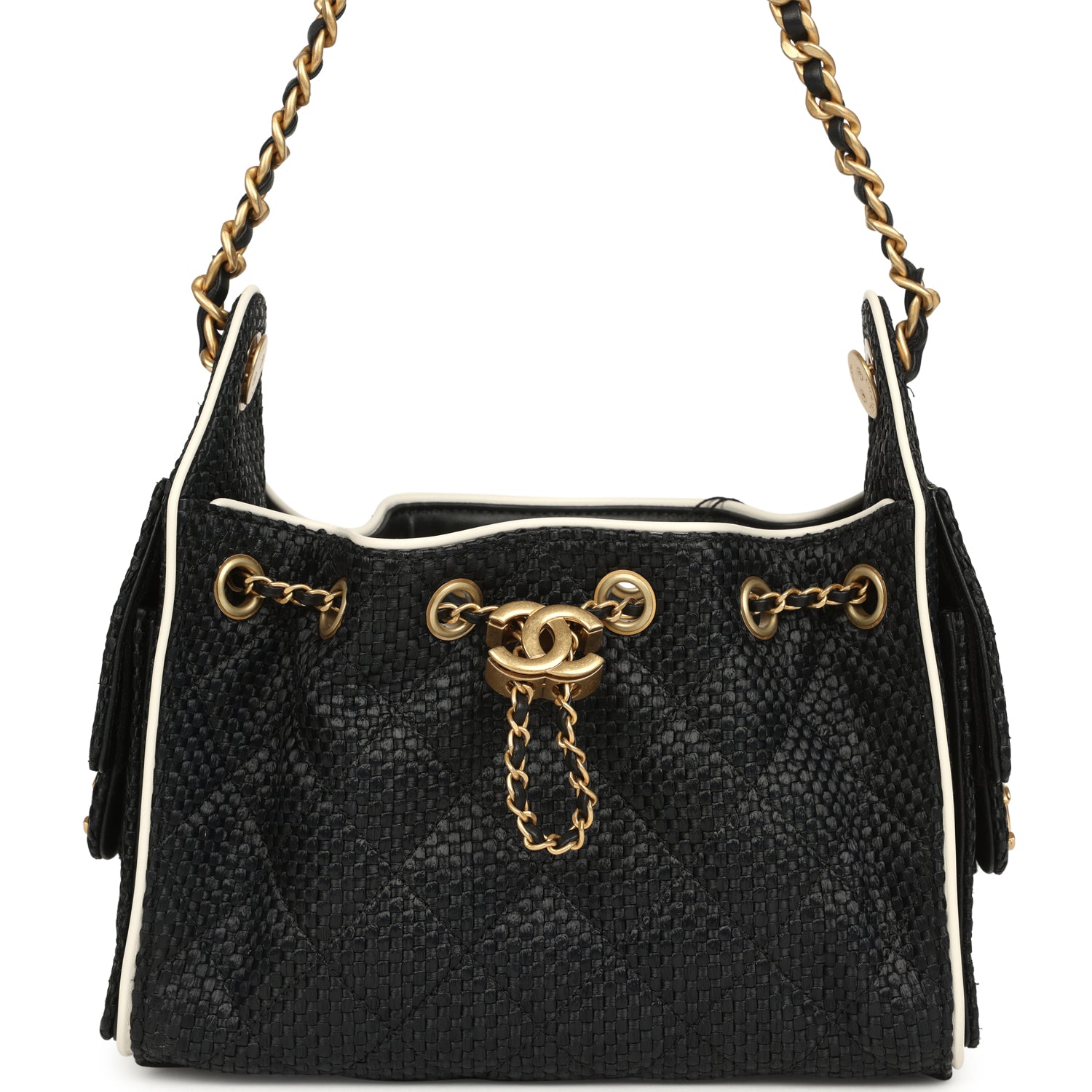 Mini 25 Hobo Bag Black Raffia and White Calfskin Antique Gold Hardware