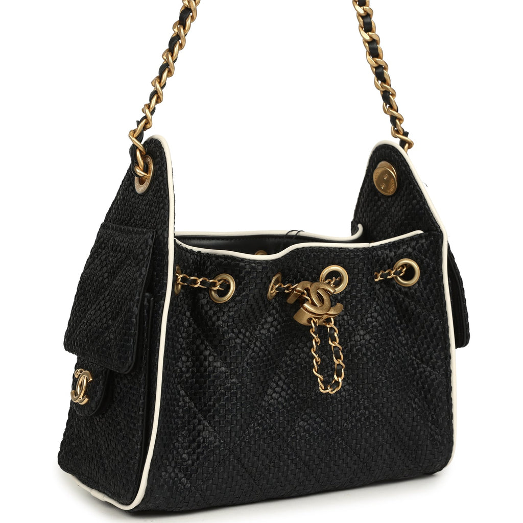 Mini 25 Hobo Bag Black Raffia and White Calfskin Antique Gold Hardware
