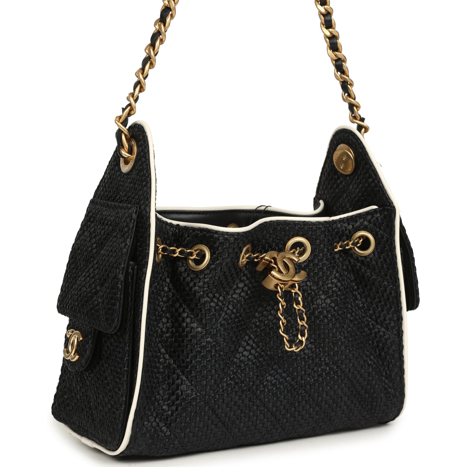 Mini 25 Hobo Bag Black Raffia and White Calfskin Antique Gold Hardware