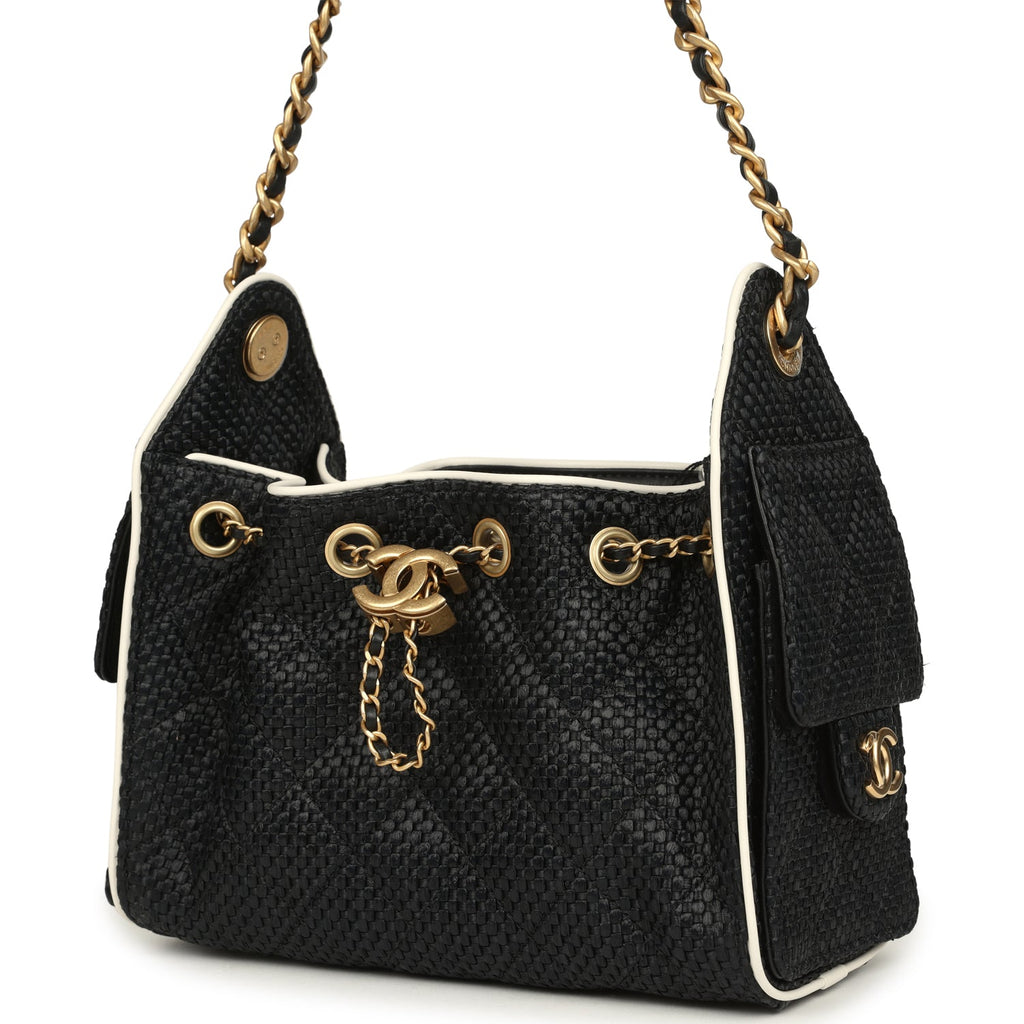 Mini 25 Hobo Bag Black Raffia and White Calfskin Antique Gold Hardware