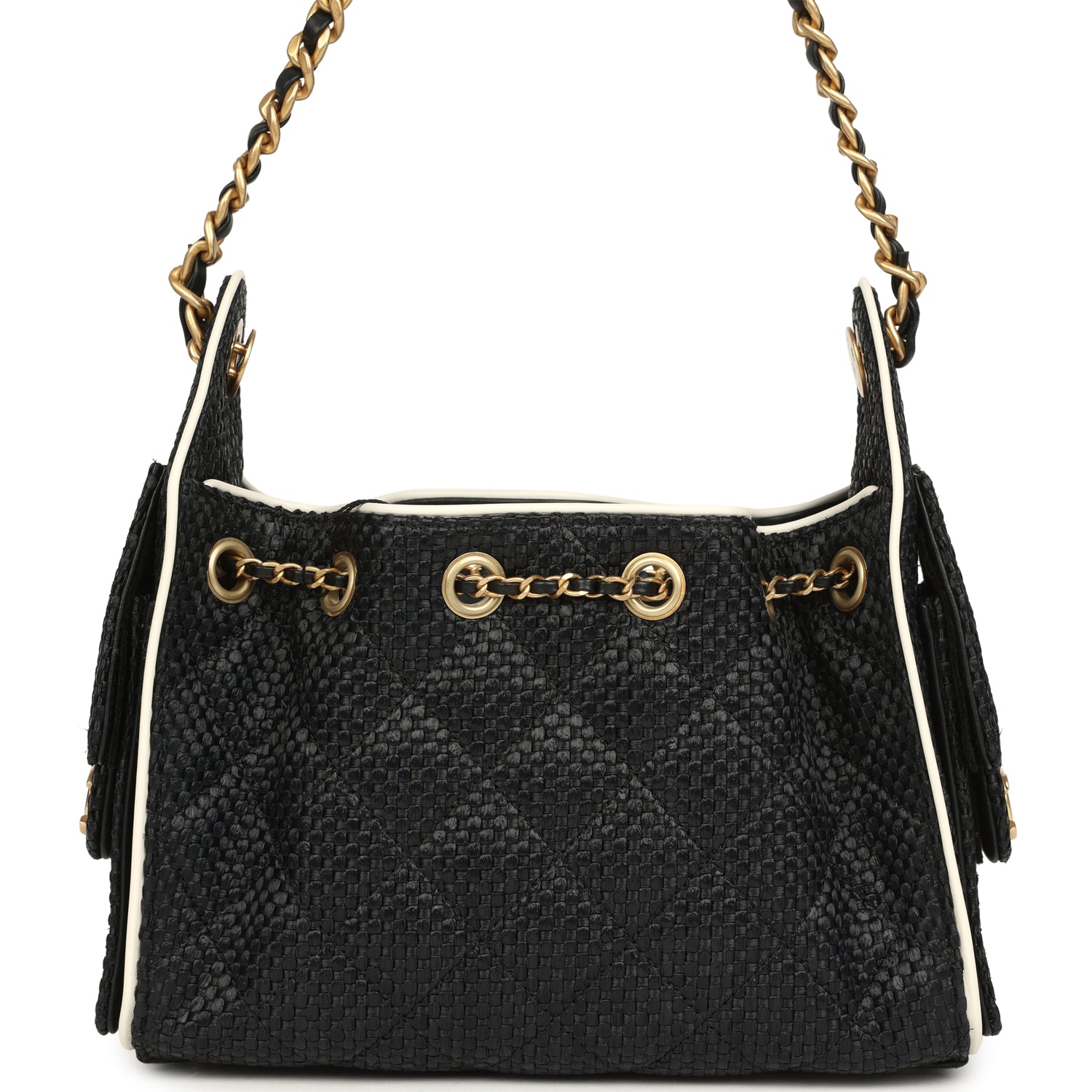 Mini 25 Hobo Bag Black Raffia and White Calfskin Antique Gold Hardware