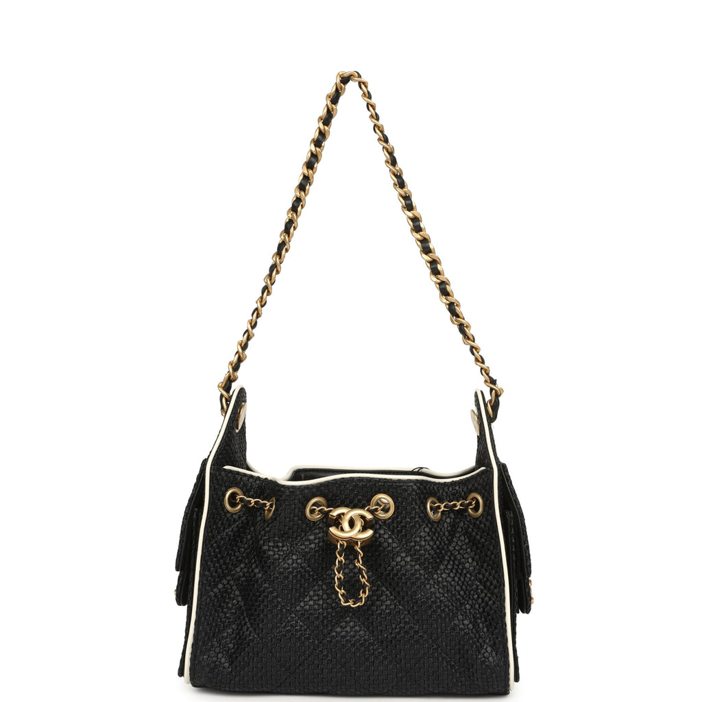 Mini 25 Hobo Bag Black Raffia and White Calfskin Antique Gold Hardware