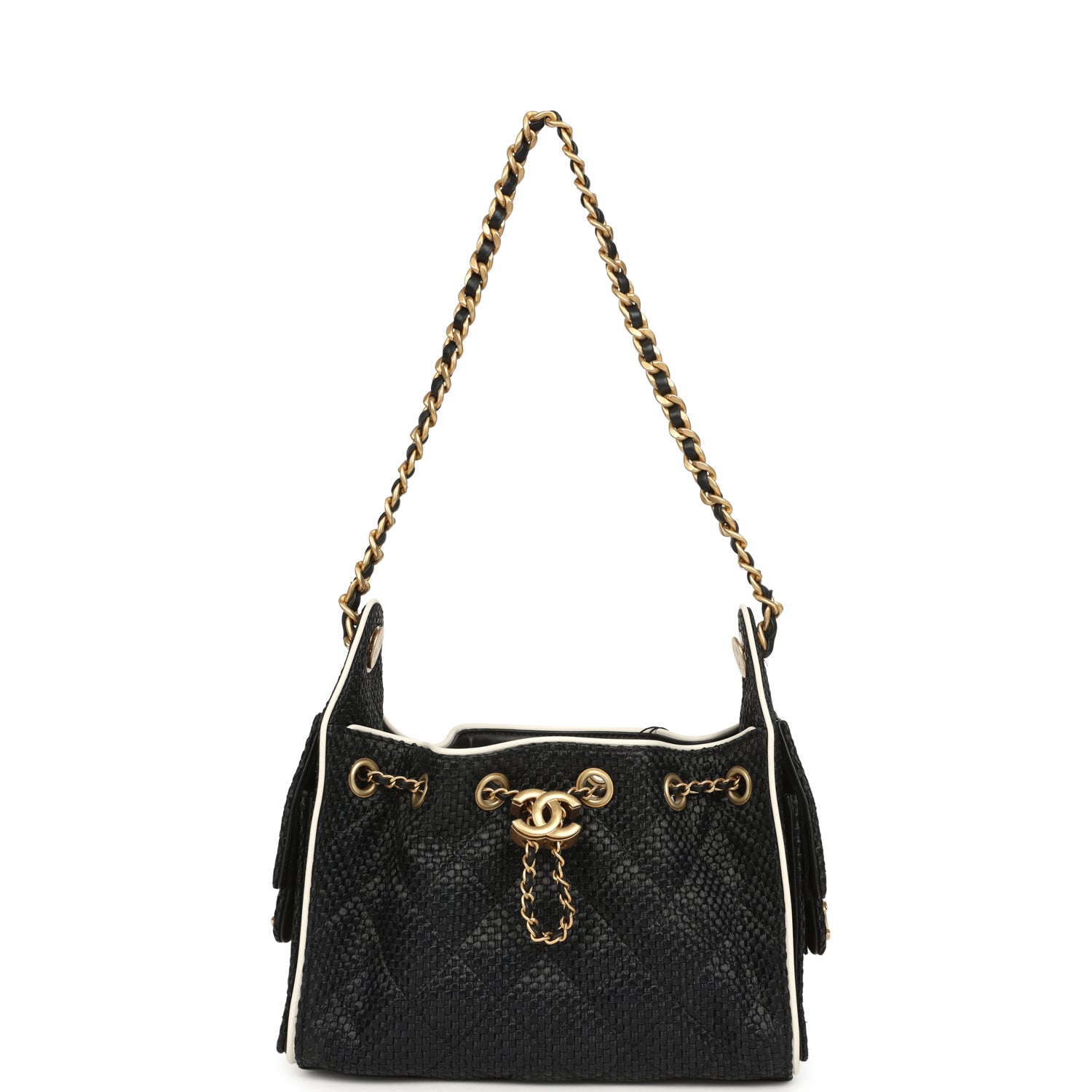 Mini 25 Hobo Bag Black Raffia and White Calfskin Antique Gold Hardware