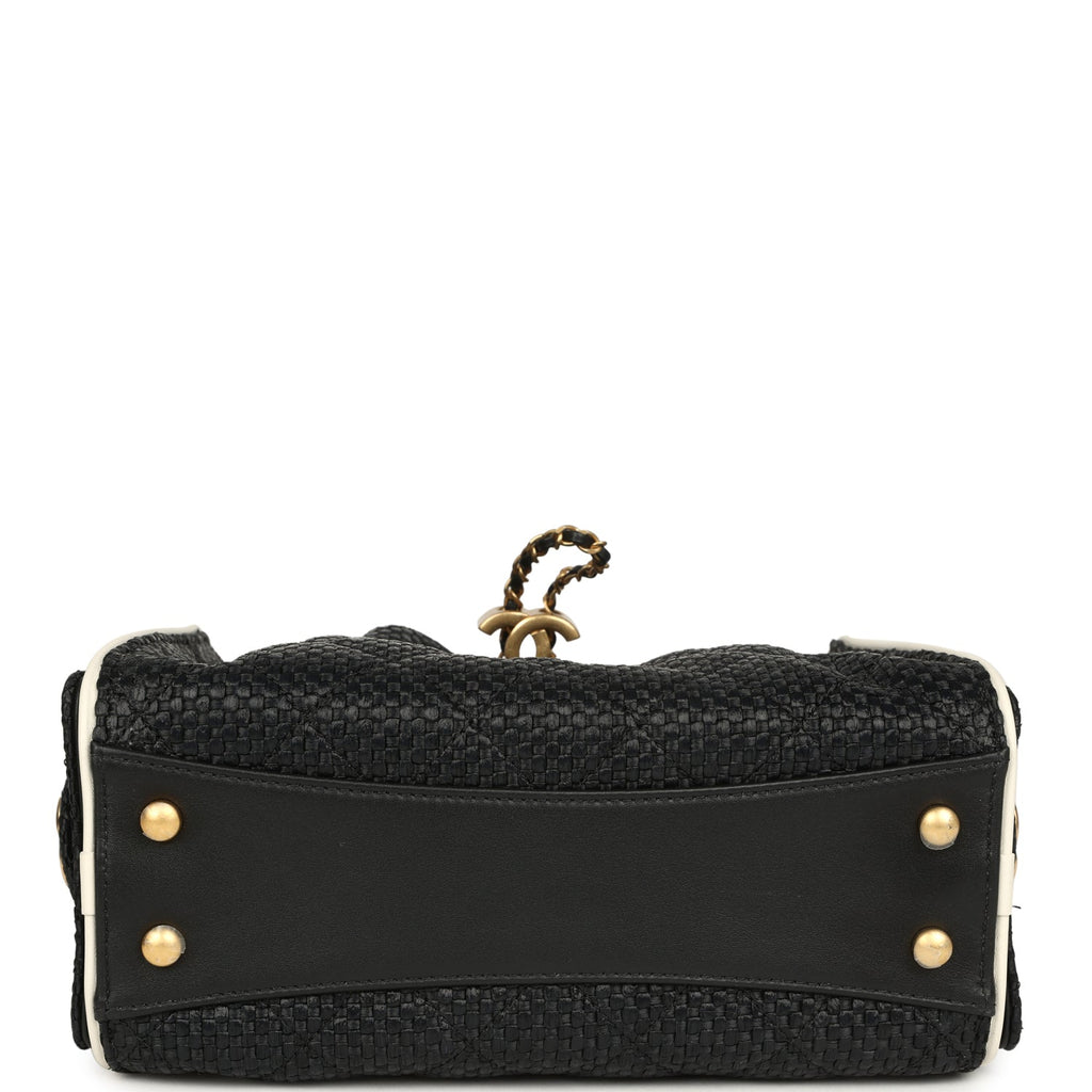 Mini 25 Hobo Bag Black Raffia and White Calfskin Antique Gold Hardware