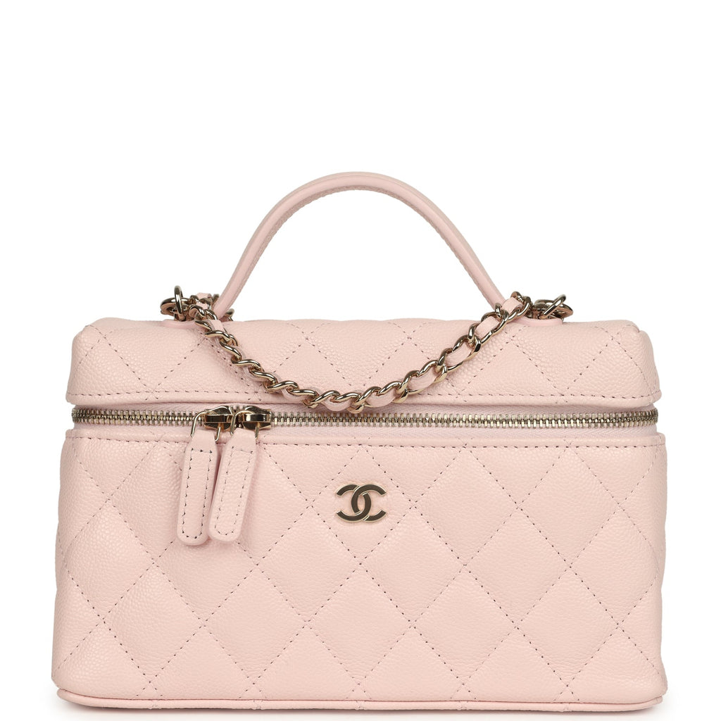 Top Handle Long Vanity Case with Chain Light Pink Shiny Caviar Light Gold Hardware