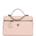 Top Handle Long Vanity Case with Chain Light Pink Shiny Caviar Light Gold Hardware