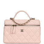 Top Handle Long Vanity Case with Chain Light Pink Shiny Caviar Light Gold Hardware