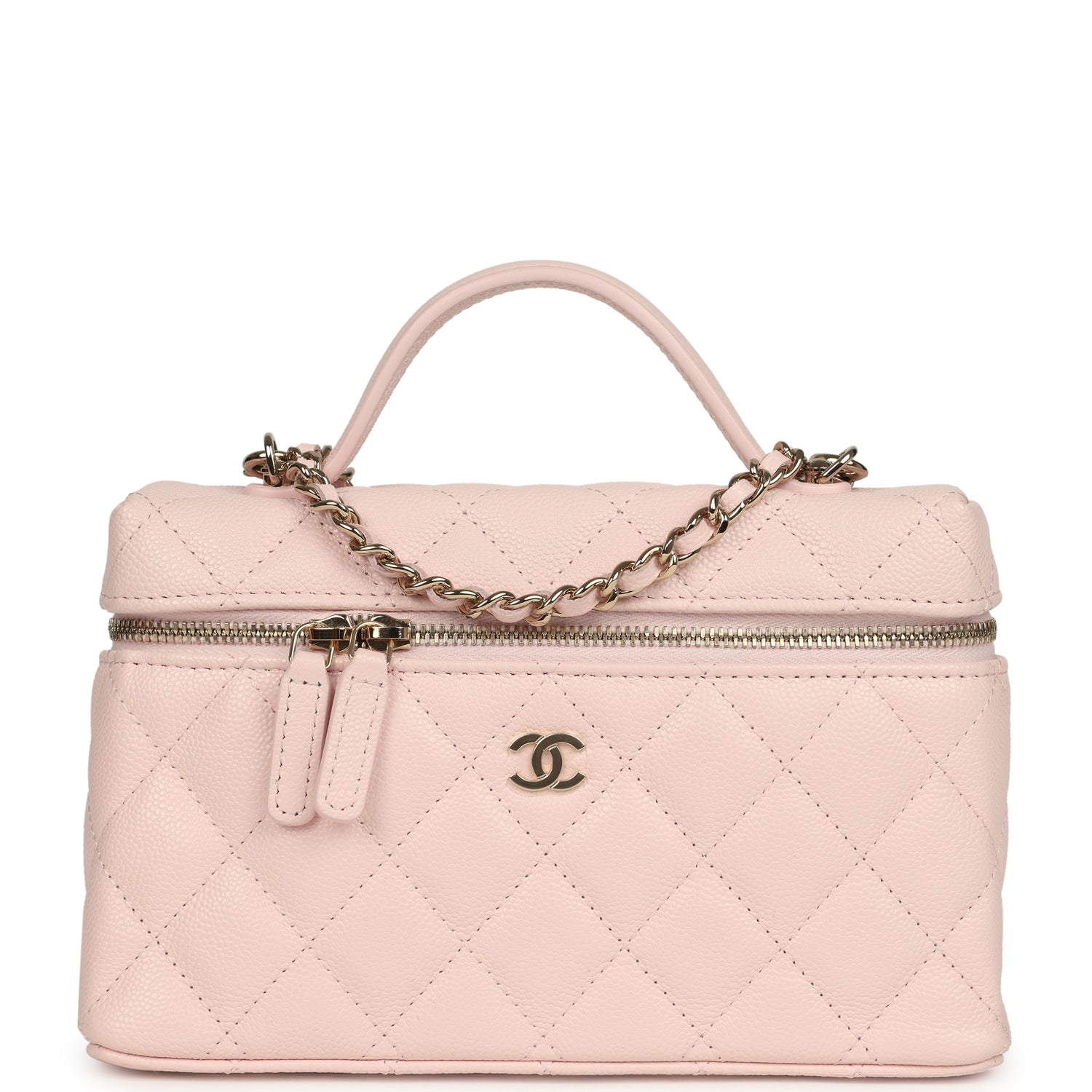Top Handle Long Vanity Case with Chain Light Pink Shiny Caviar Light Gold Hardware