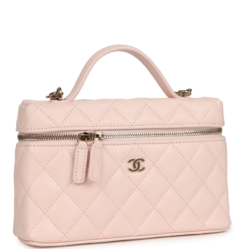Top Handle Long Vanity Case with Chain Light Pink Shiny Caviar Light Gold Hardware