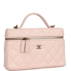 Top Handle Long Vanity Case with Chain Light Pink Shiny Caviar Light Gold Hardware