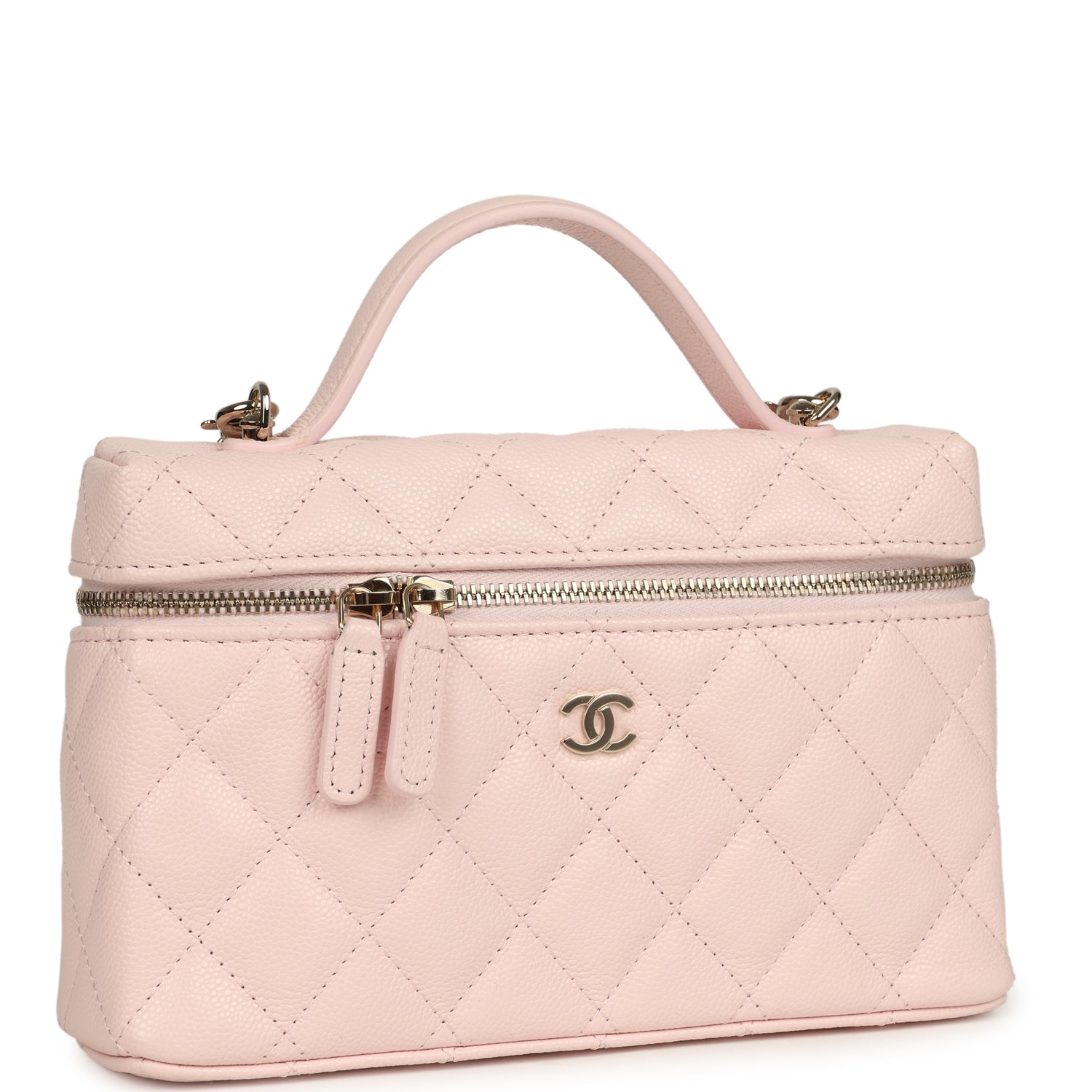 Top Handle Long Vanity Case with Chain Light Pink Shiny Caviar Light Gold Hardware