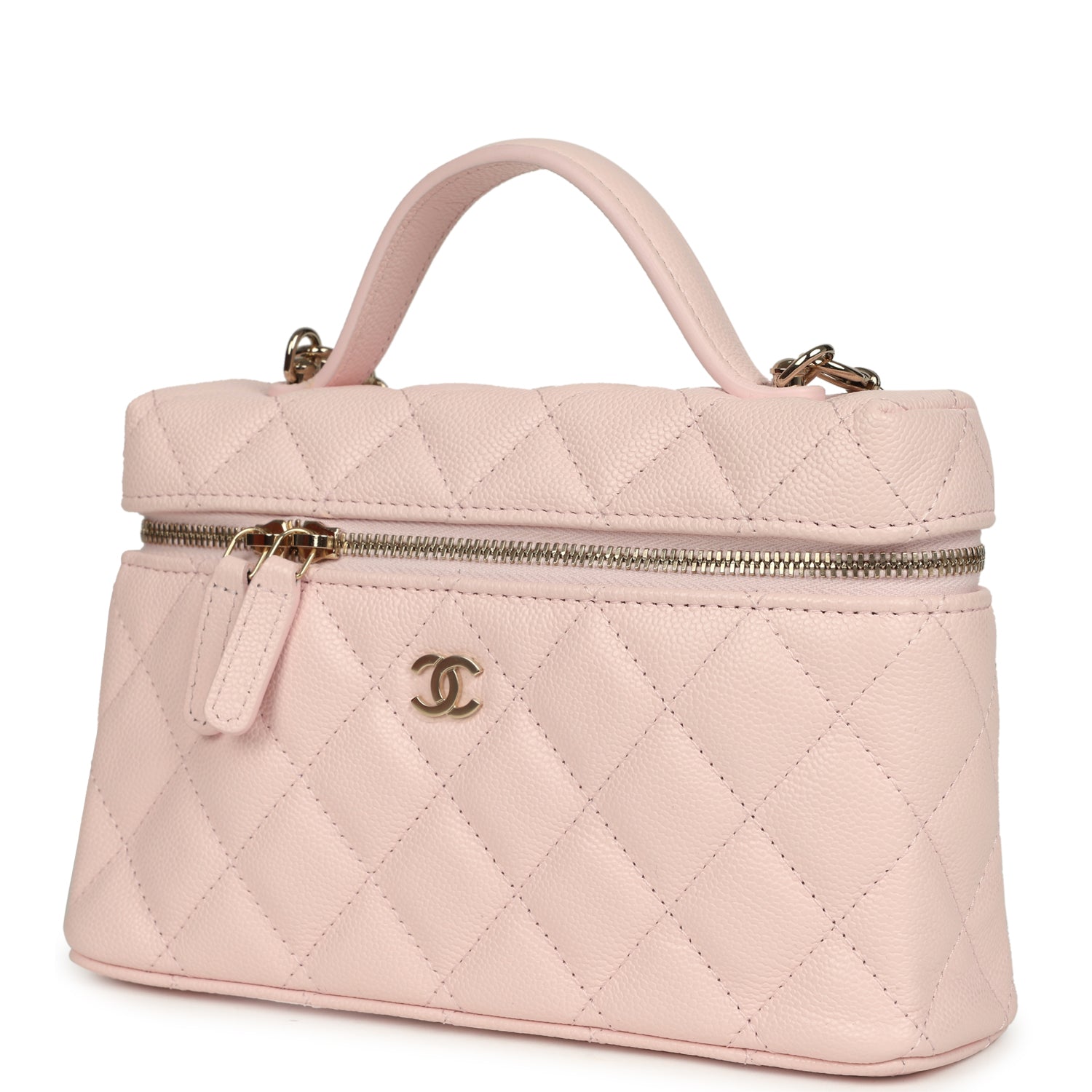 Top Handle Long Vanity Case with Chain Light Pink Shiny Caviar Light Gold Hardware
