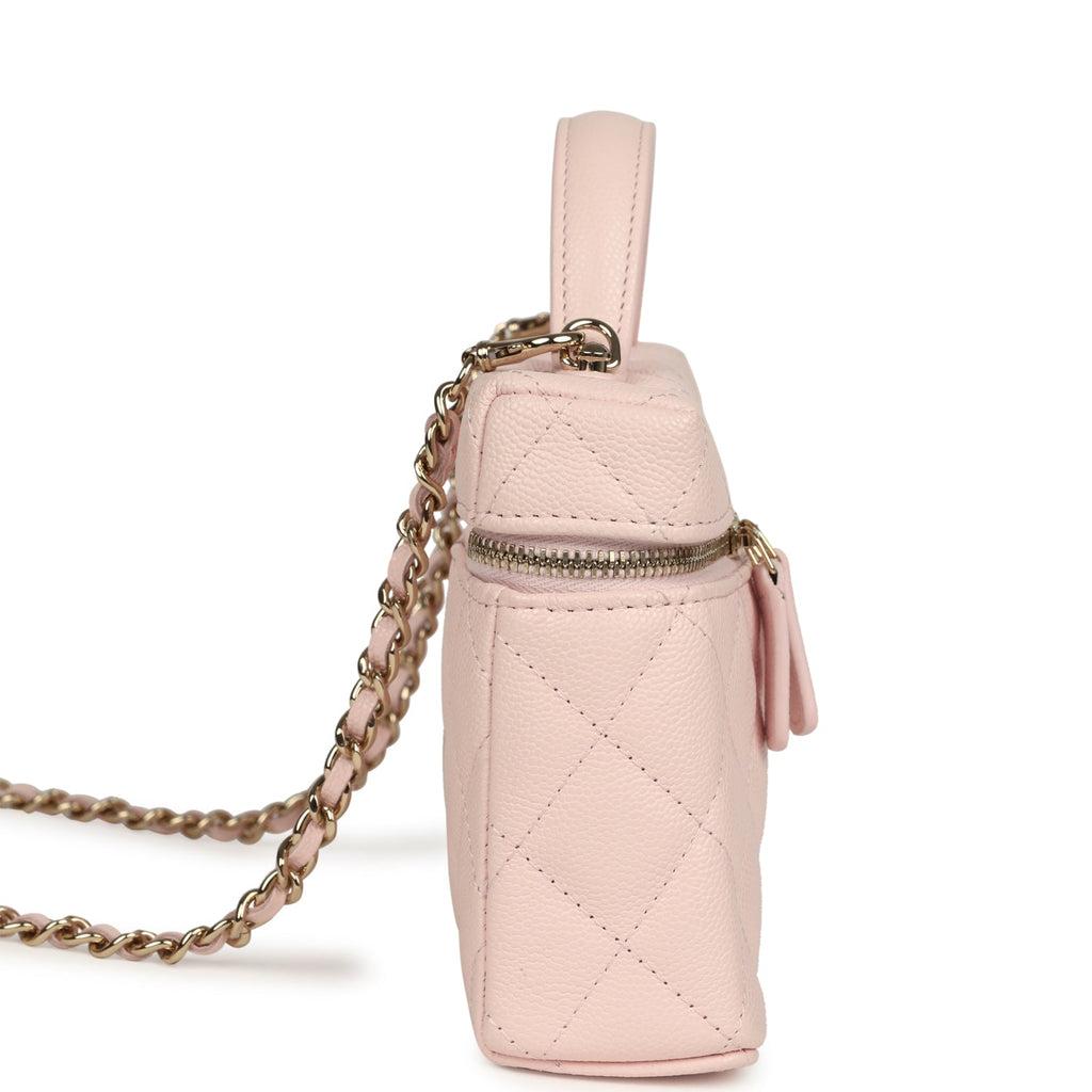 Top Handle Long Vanity Case with Chain Light Pink Shiny Caviar Light Gold Hardware