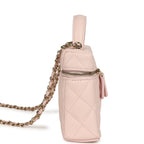 Top Handle Long Vanity Case with Chain Light Pink Shiny Caviar Light Gold Hardware