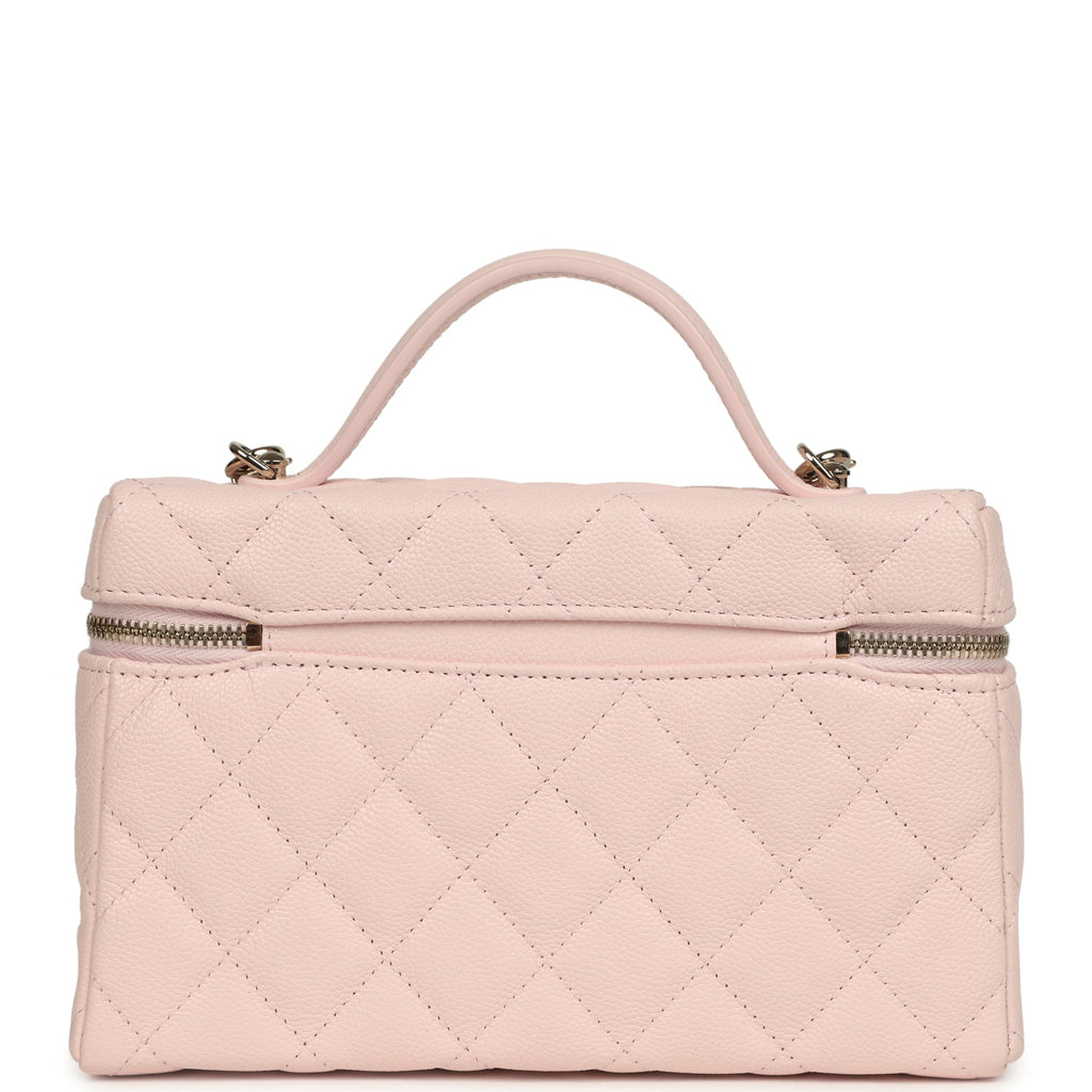 Top Handle Long Vanity Case with Chain Light Pink Shiny Caviar Light Gold Hardware
