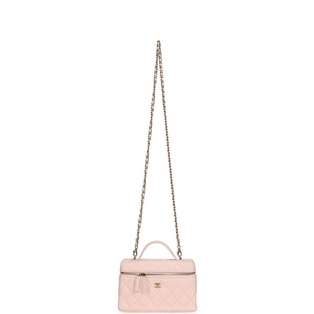 Top Handle Long Vanity Case with Chain Light Pink Shiny Caviar Light Gold Hardware