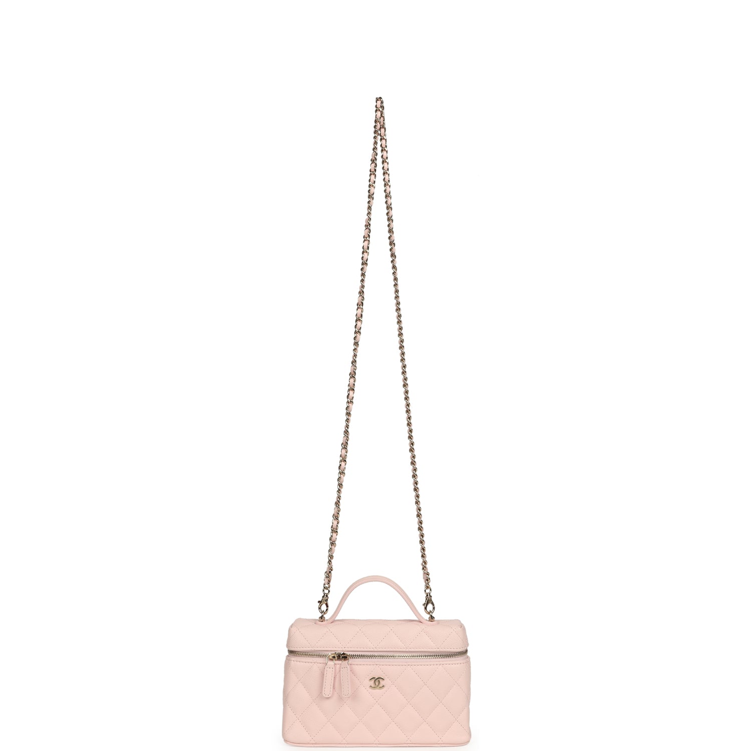 Top Handle Long Vanity Case with Chain Light Pink Shiny Caviar Light Gold Hardware
